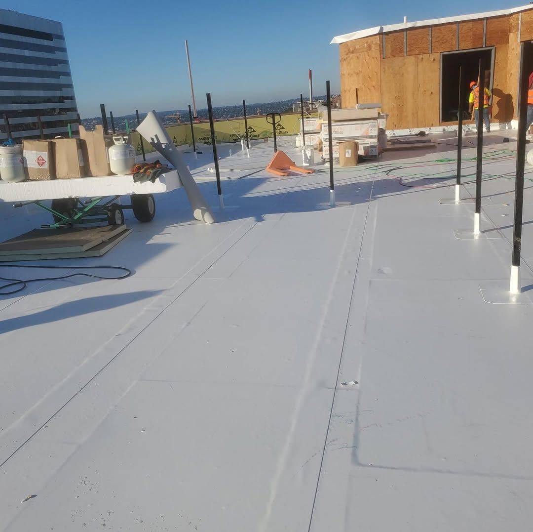 A white roof with a wooden building in the background