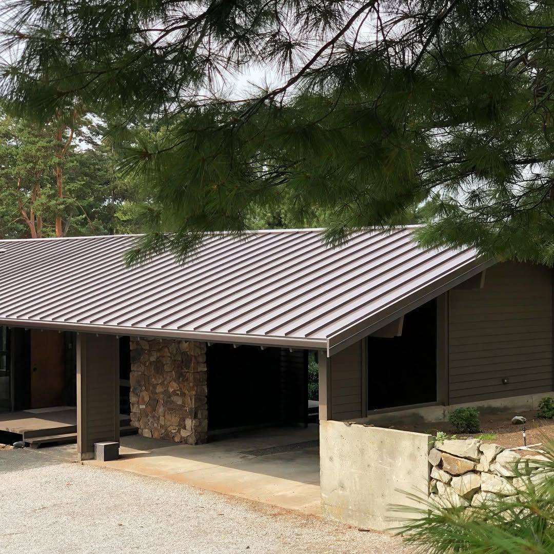 A house with a metal roof is surrounded by trees.